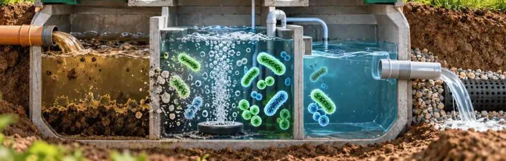 Cross-section of a biological treatment system, showing the bacteria in its chambers